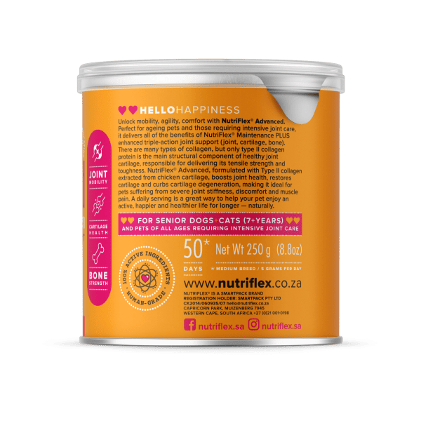 The Reverse Side Of A Nutriflex Collagen For Dogs Container, With Captivating Text Describing The Product'S Ability To Unlock Agility And Comfort For Senior Pets. The Label Promises Over 50 Days Of Supply For A Medium Breed, Ensuring Lasting Care For Dogs' Joints
