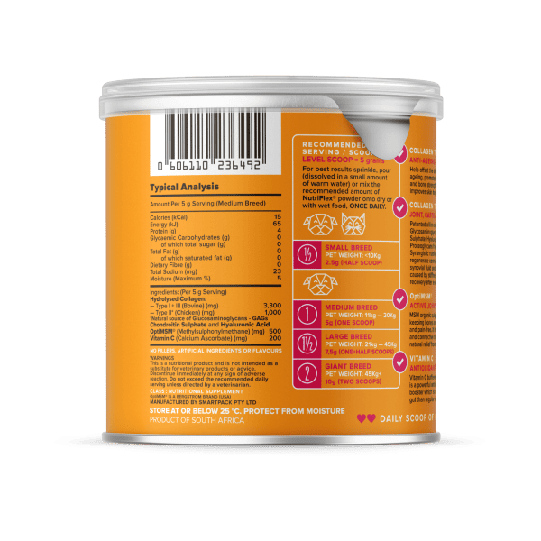 A Detailed Label On A Container Of Nutriflex Collagen For Dogs Showcases The Nutritional Analysis And Ingredients List. Key Benefits Like Collagen For Dogs Joints Are Highlighted, Along With Dosage Instructions Segmented By Dog Size For Optimal Joint Health Support