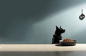 Bad Breath In Dogs. Dog Sitting At The Table Infront Of His Bowl Of Food