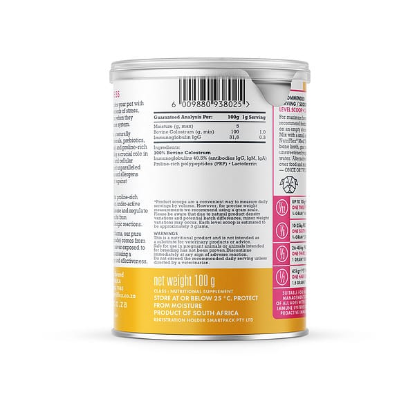 Close-Up Of The Nutritional Analysis Section On A Canister Of Nutriflex Bovine Colostrum For Dogs, Showing Moisture Content, Bovine Colostrum And Immunoglobulin Igg Amounts Per 100G Serving, With An Emphasis On 100% Bovine Colostrum Ingredient