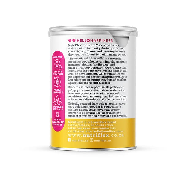 Informational Side Of Nutriflex'S Colostrum For Dogs Product Packaging, Highlighting Benefits Such As Immune Function Support And Protective Properties Against Pathogens, With A Yellow And White Design.