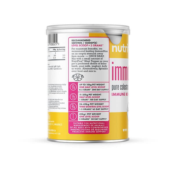 Serving Instructions On A Nutriflex Colostrum Supplement For Dogs Container, Offering Dosage Information Per Pet Weight, Ensuring Precise Supplementation For Enhanced Canine Immunity