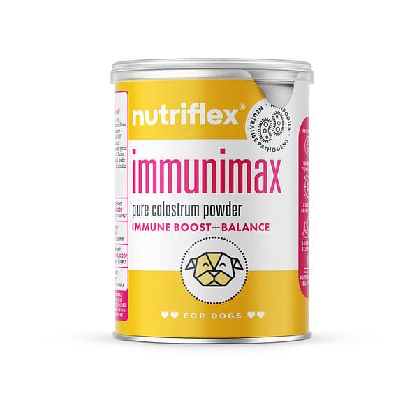 Brightly Colored Nutriflex Immunimax Container Featuring Colostrum Supplements For Dogs, With A Clear Emphasis On Immune Boost And Balance For Pets, Front And Center For Consumer Appeal