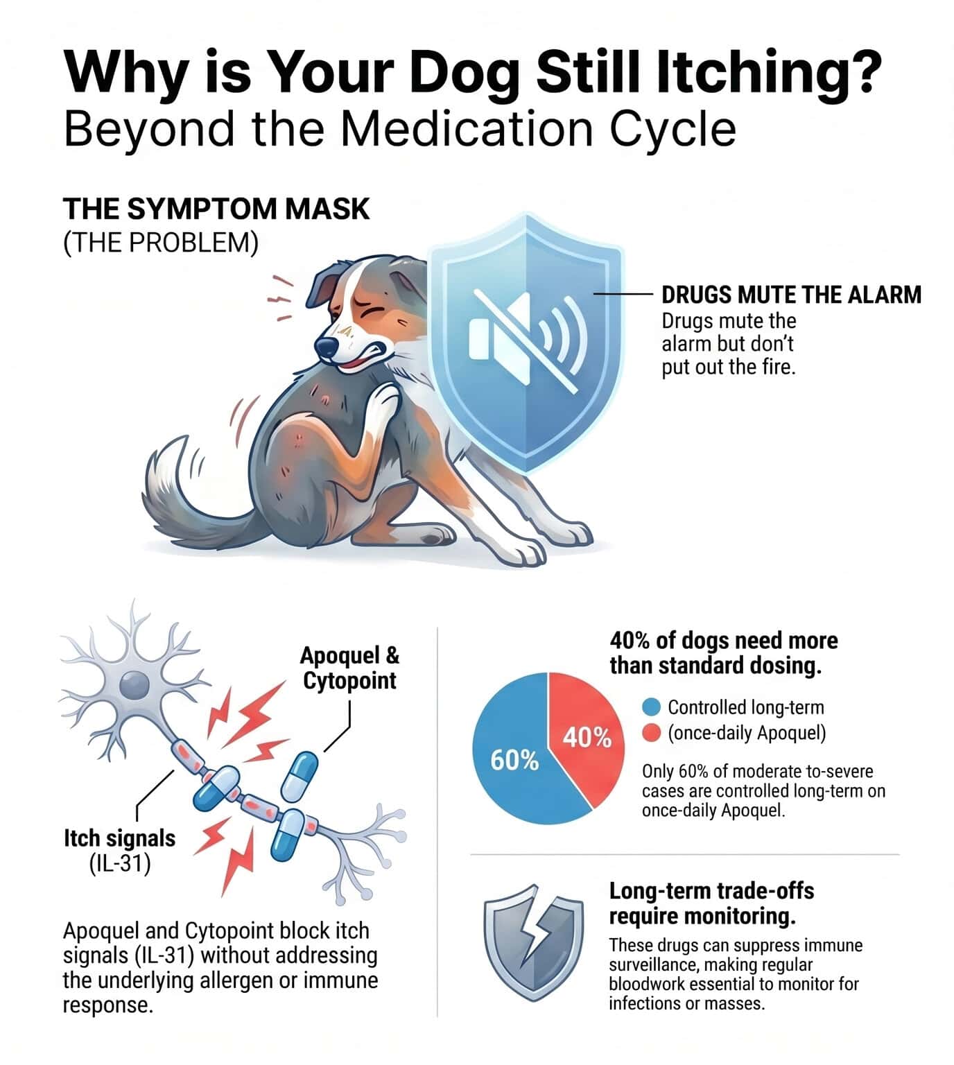 Infographic Explaining How Apoquel And Cytopoint Block The Il-31 Itch Signal In Dogs Without Addressing The Underlying Allergen, With Statistics Showing Only 60% Of Moderate-To-Severe Atopic Dermatitis Cases Are Controlled On Once-Daily Apoquel And A Note On Long-Term Immune Monitoring