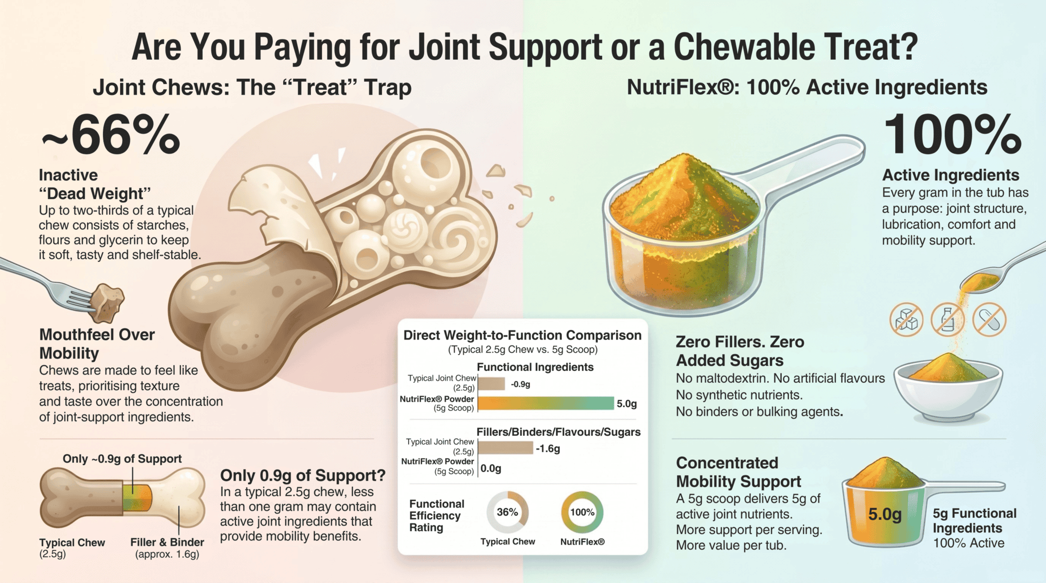 Joint Chews For Dogs: Why A Powder Beats A Chew Every Time 1 Nutriflex Powder Vs Joint Chews Infographic Comparing 100% Active Joint Ingredients With Chew Fillers, Binders And Sugars.