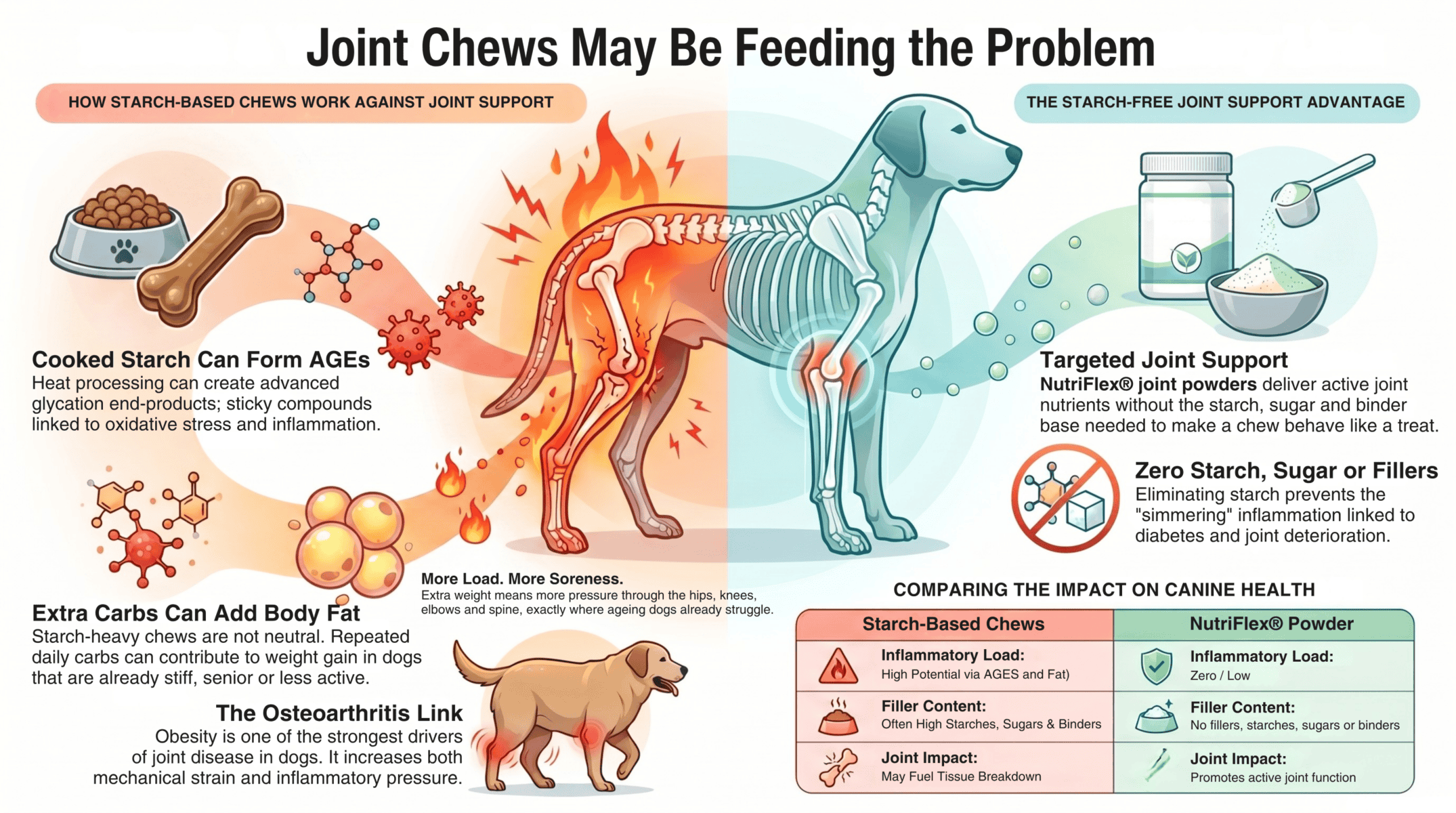 Joint Chews For Dogs: Why A Powder Beats A Chew Every Time 3 Infographic Showing How Starch-Based Dog Joint Chews May Add Carbohydrate Fillers Linked To Inflammation, While Nutriflex Powder Provides Starch-Free Joint Support.