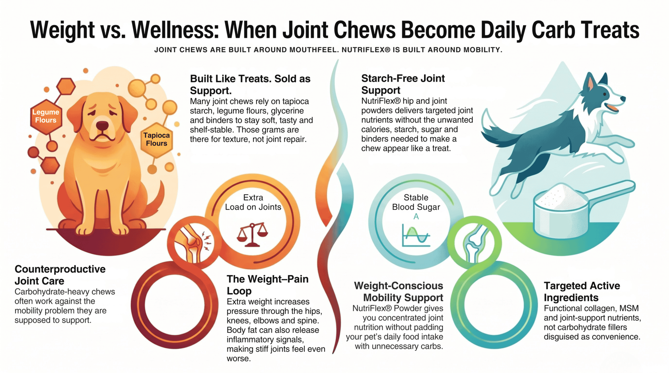 Joint Chews For Dogs: Why A Powder Beats A Chew Every Time 2 Nutriflex Infographic Comparing Dog Joint Chews With Powder, Showing How Chews Can Contain Starches, Fillers And Extra Carb Load.