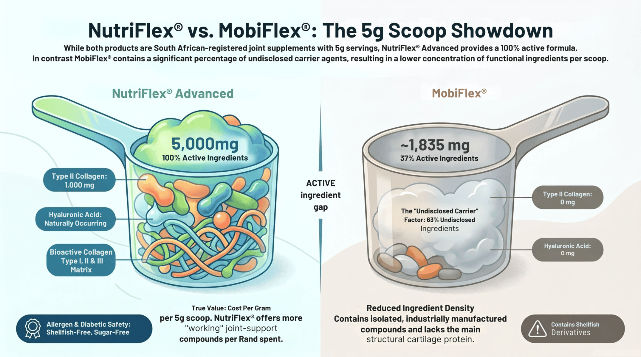 Nutriflex Vs Mobiflex: Which Dog Joint Supplement Wins? 1 Nutriflex Advanced Vs Mobiflex Comparison: A 5G Scoop With 5,000Mg Of 100% Active Ingredients Next To A Mobiflex Scoop With Roughly 1,835Mg Active And 63% Undisclosed Carrier Base.