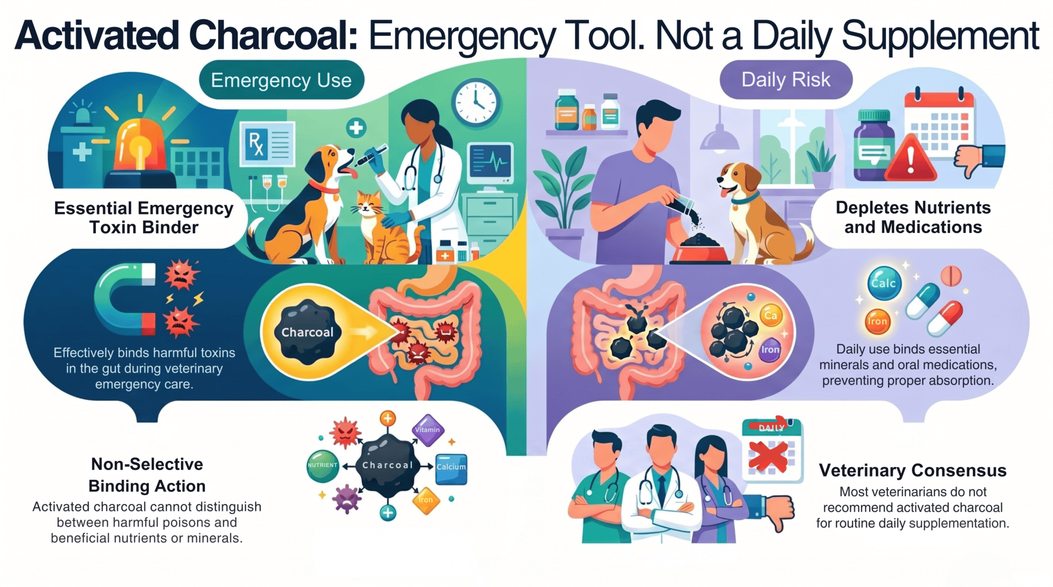 Activated Charcoal Is An Emergency Toxin Binder For Pets, Not A Daily Supplement — Daily Use Depletes Nutrients And Blocks Medications In Dogs And Cats