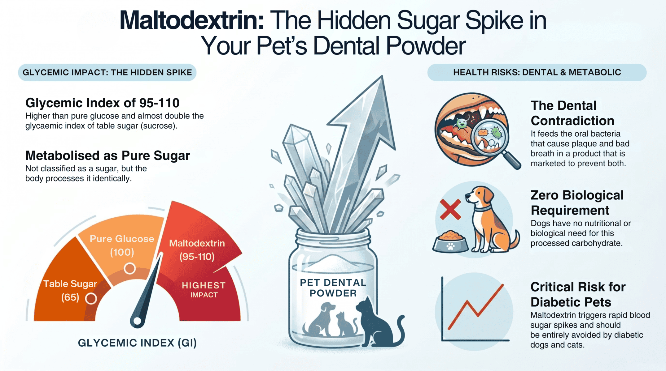 Maltodextrin In Pet Dental Powder Has A Glycaemic Index Of 105–110, Higher Than Pure Glucose, Feeds Oral Bacteria, Has Zero Biological Requirement For Dogs And Poses Critical Risk For Diabetic Pets
