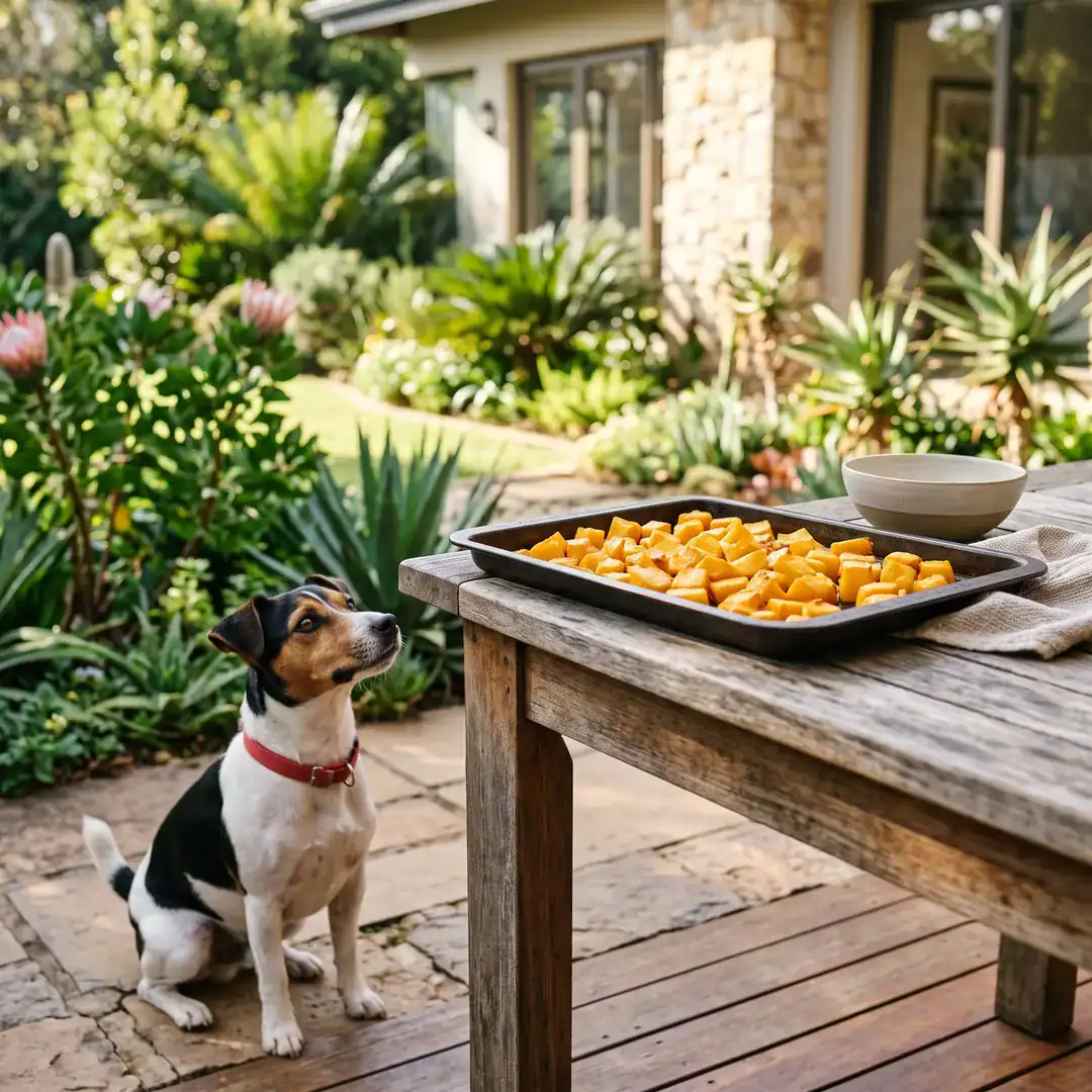 Can Dogs Eat Pumpkin? A South African Guide To Pumpkin And Butternut For Dogs And Cats 4 Jack Russell Terrier Looking At A Tray Of Plain Roasted Butternut On A South African Patio