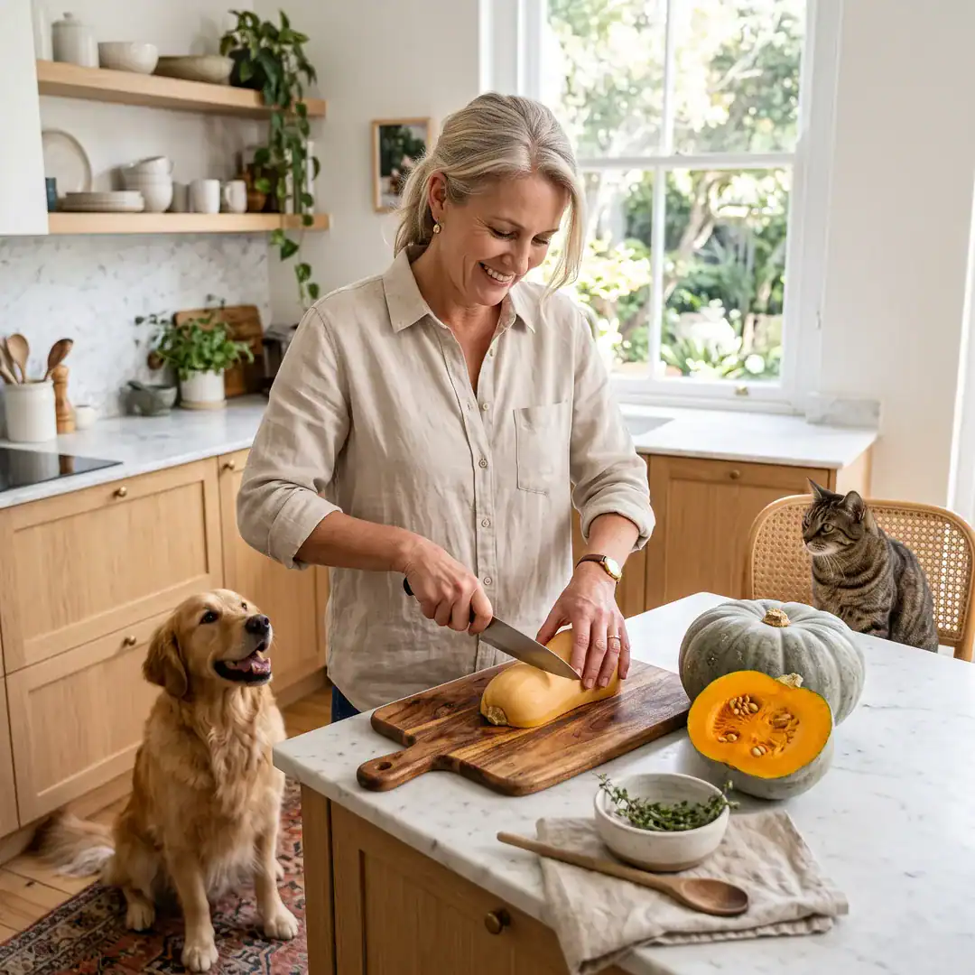 Can Dogs Eat Pumpkin? A South African Guide To Pumpkin And Butternut For Dogs And Cats 1 Woman Slicing Butternut In A Cape Town Kitchen While Her Golden Retriever And Tabby Cat Watch