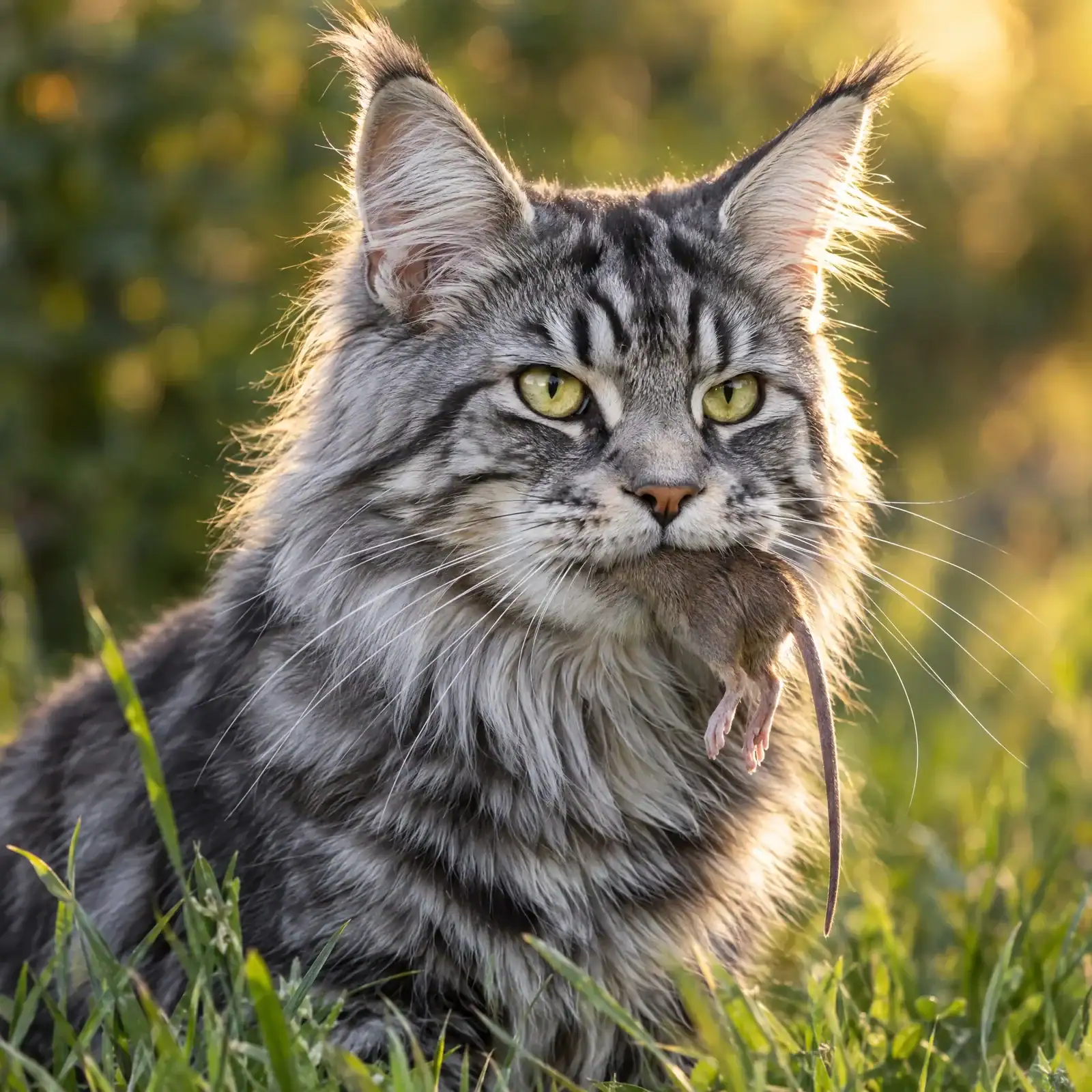 Silver tabby Maine Coon carrying a mouse, the prey that gave the ancestors of pet cats most of their water