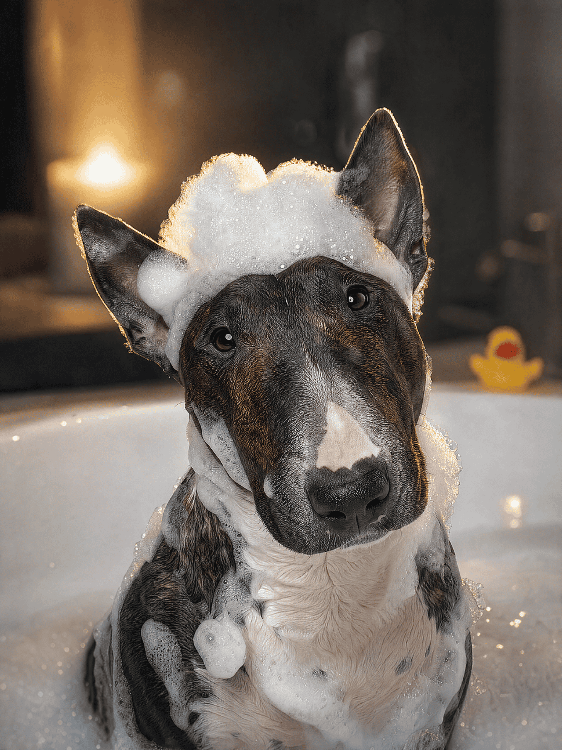 Bull terrier sitting in a bubble bath with foam on its head