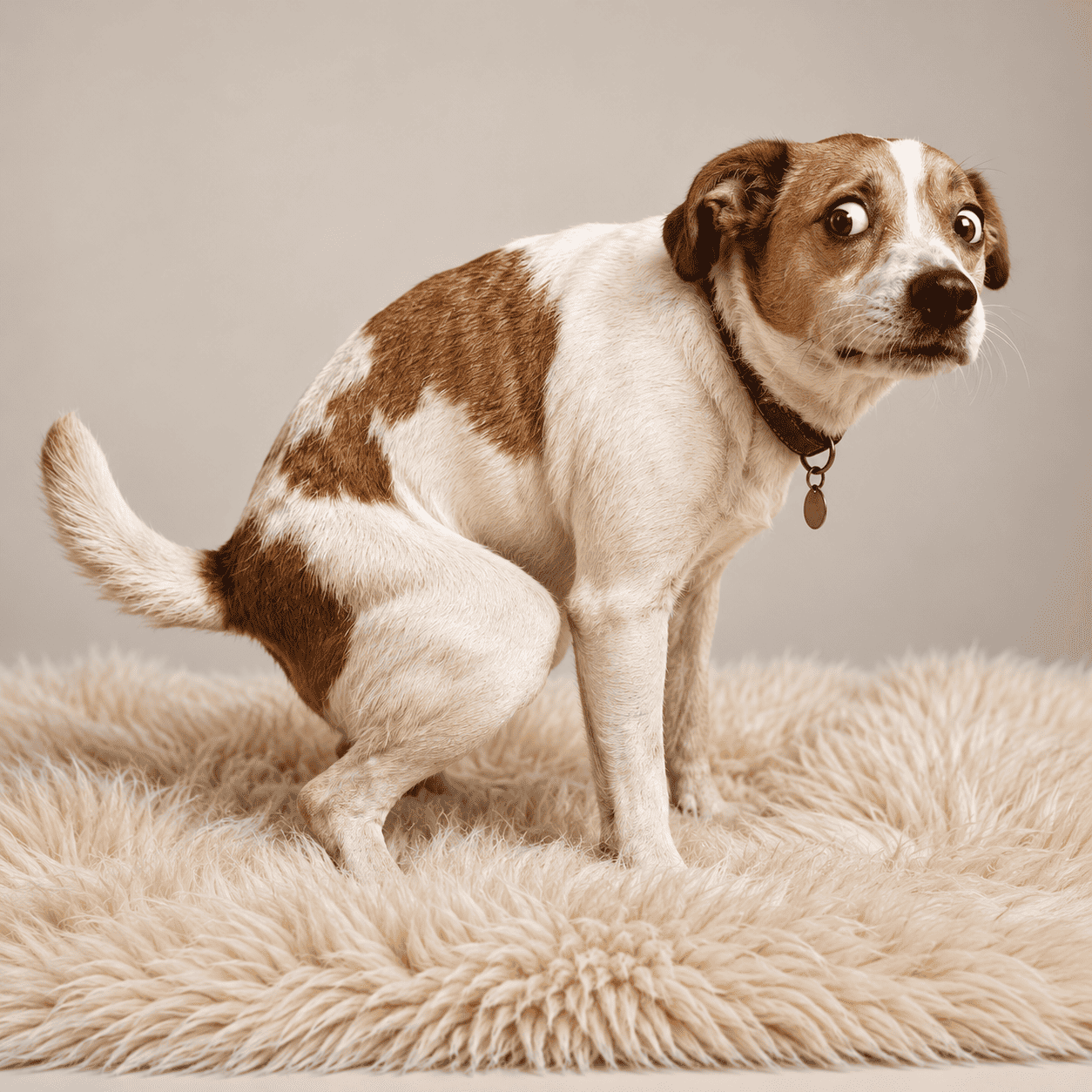 Wide-Eyed Brown And White Dog Squatting On A Fluffy Cream Rug, The Tummy Emergency Floramax™ Probiotic Helps Prevent