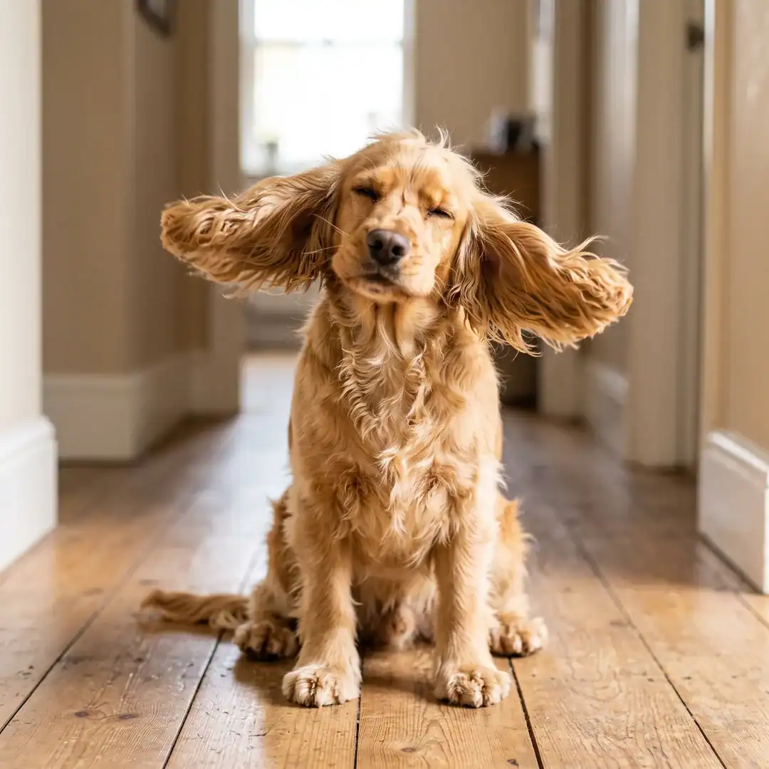 Cocker Spaniel Shaking Their Head, Ears Flying, On A Wooden Hallway Floor