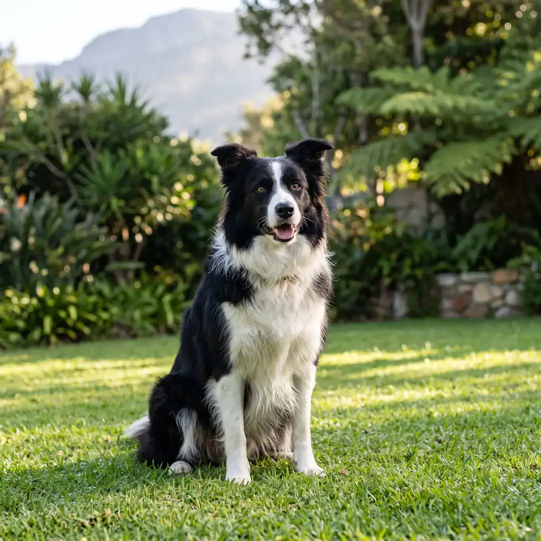 Border Collie With A Glossy Black And White Coat Sitting On A Garden Lawn