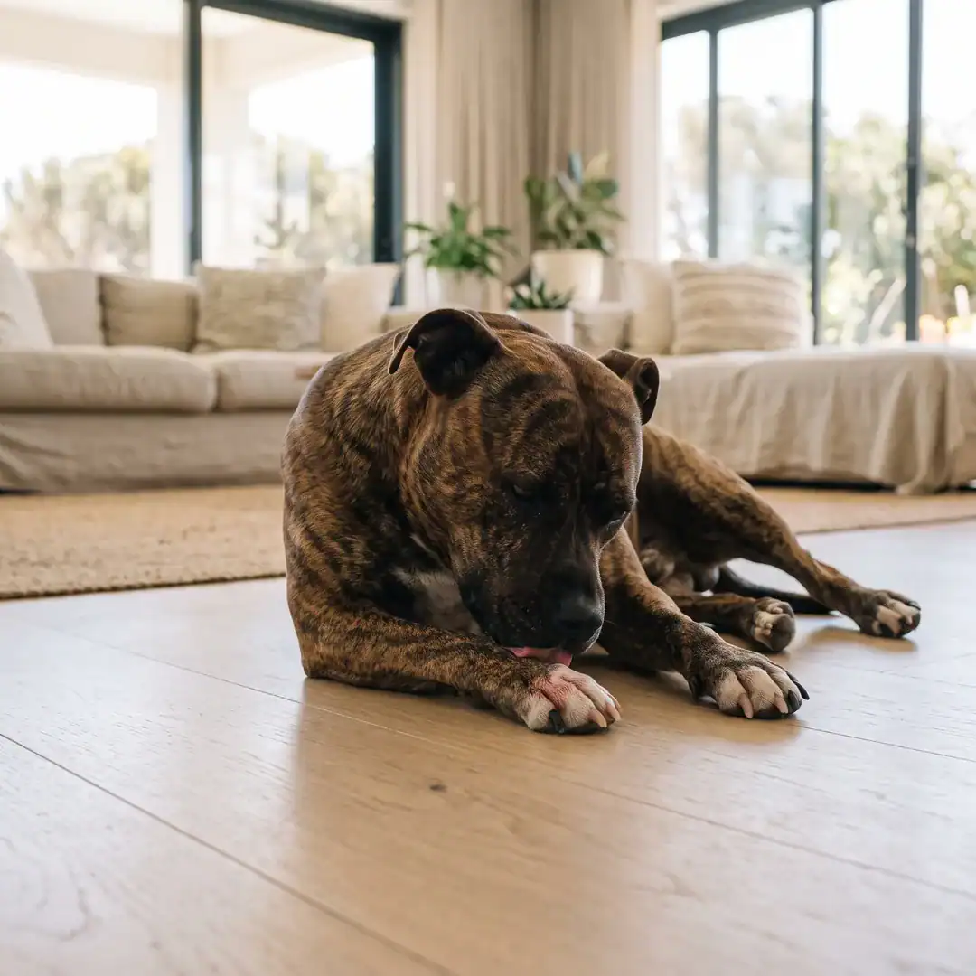 Brindle Staffordshire Bull Terrier Lying On A Wooden Floor Licking A Reddened Front Paw