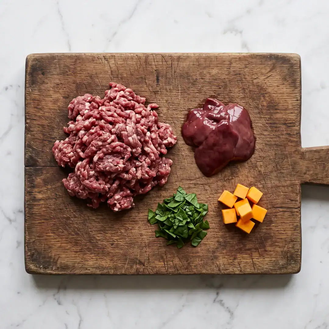 Fresh Raw Lamb Mince, Liver, Spinach And Butternut On A Wooden Board: Minimally Processed Dog Food