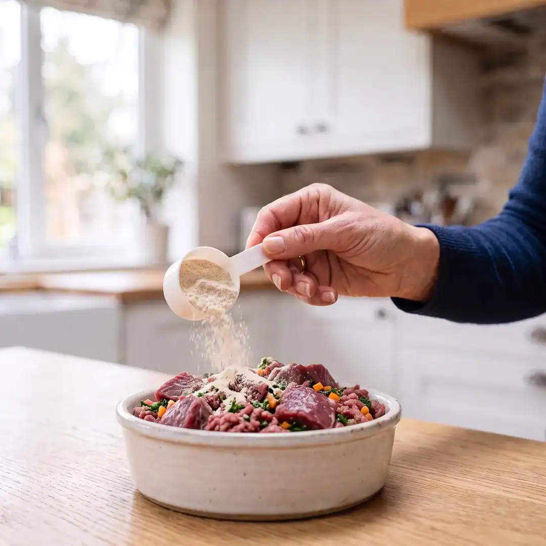 Can Dogs Eat Pumpkin? A South African Guide To Pumpkin And Butternut For Dogs And Cats 6 Hand Sprinkling A Level Scoop Of Pumpkin Fibre Powder Over A Bowl Of Fresh Raw Beef And Vegetables