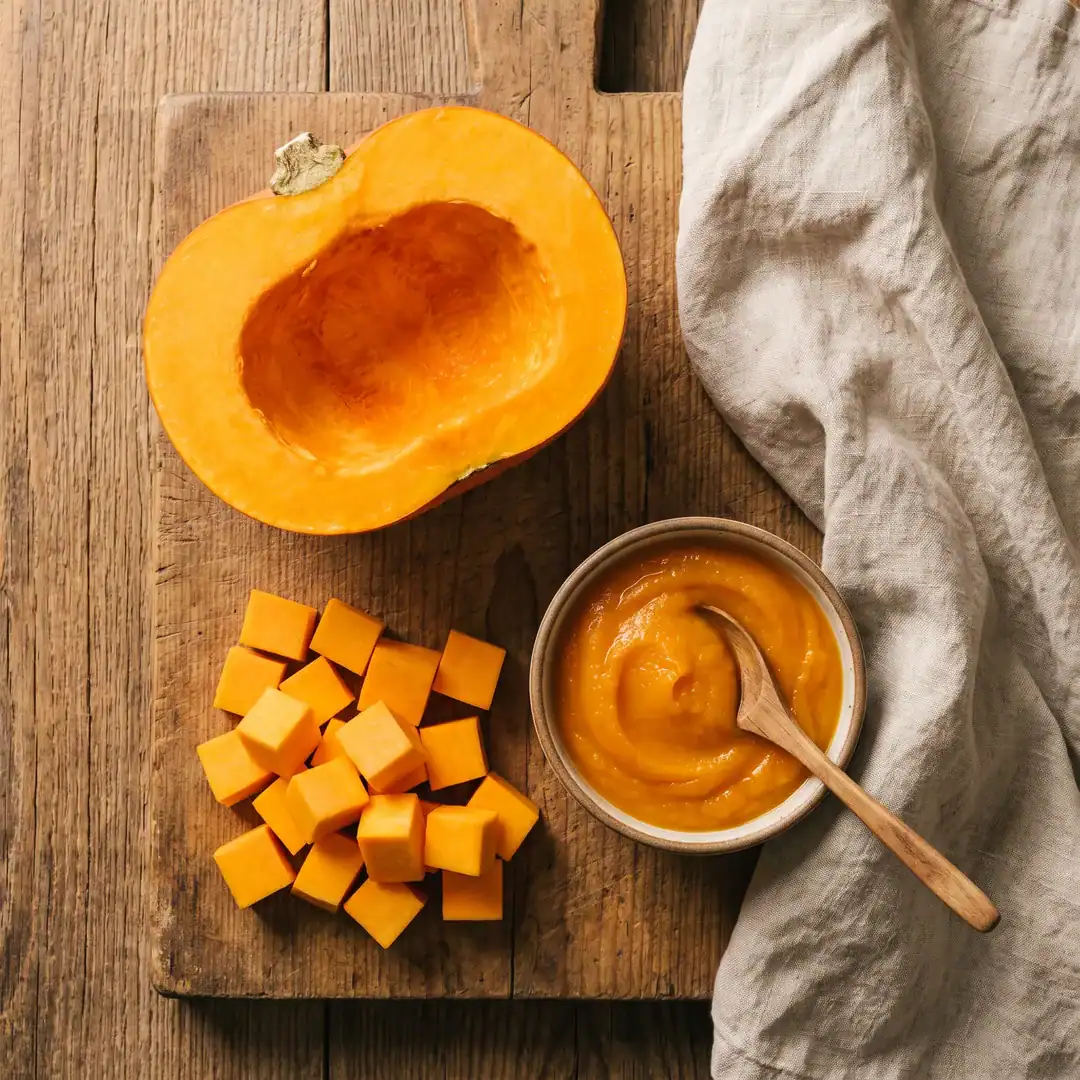 Can Dogs Eat Pumpkin? A South African Guide To Pumpkin And Butternut For Dogs And Cats 2 Halved Pumpkin, Peeled Pumpkin Cubes And A Bowl Of Plain Pumpkin Purée On A Wooden Board