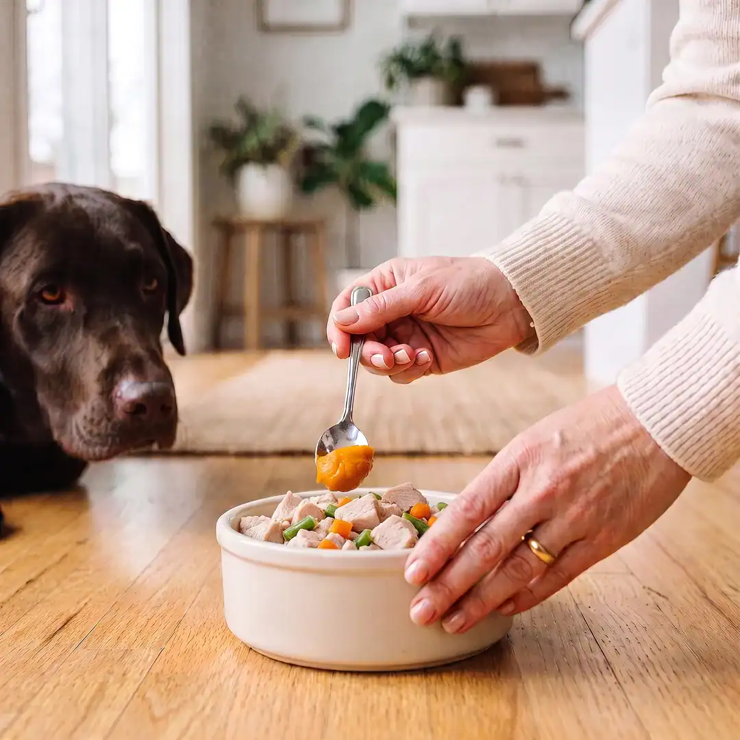 Can Dogs Eat Pumpkin? A South African Guide To Pumpkin And Butternut For Dogs And Cats 3 Hands Spooning Plain Pumpkin Purée Onto Gently Cooked Chicken And Vegetables As A Chocolate Labrador Watches