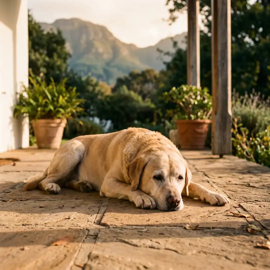 Senior Labrador With A Grey Muzzle Resting On A Sunny Stoep With Mountains Behind