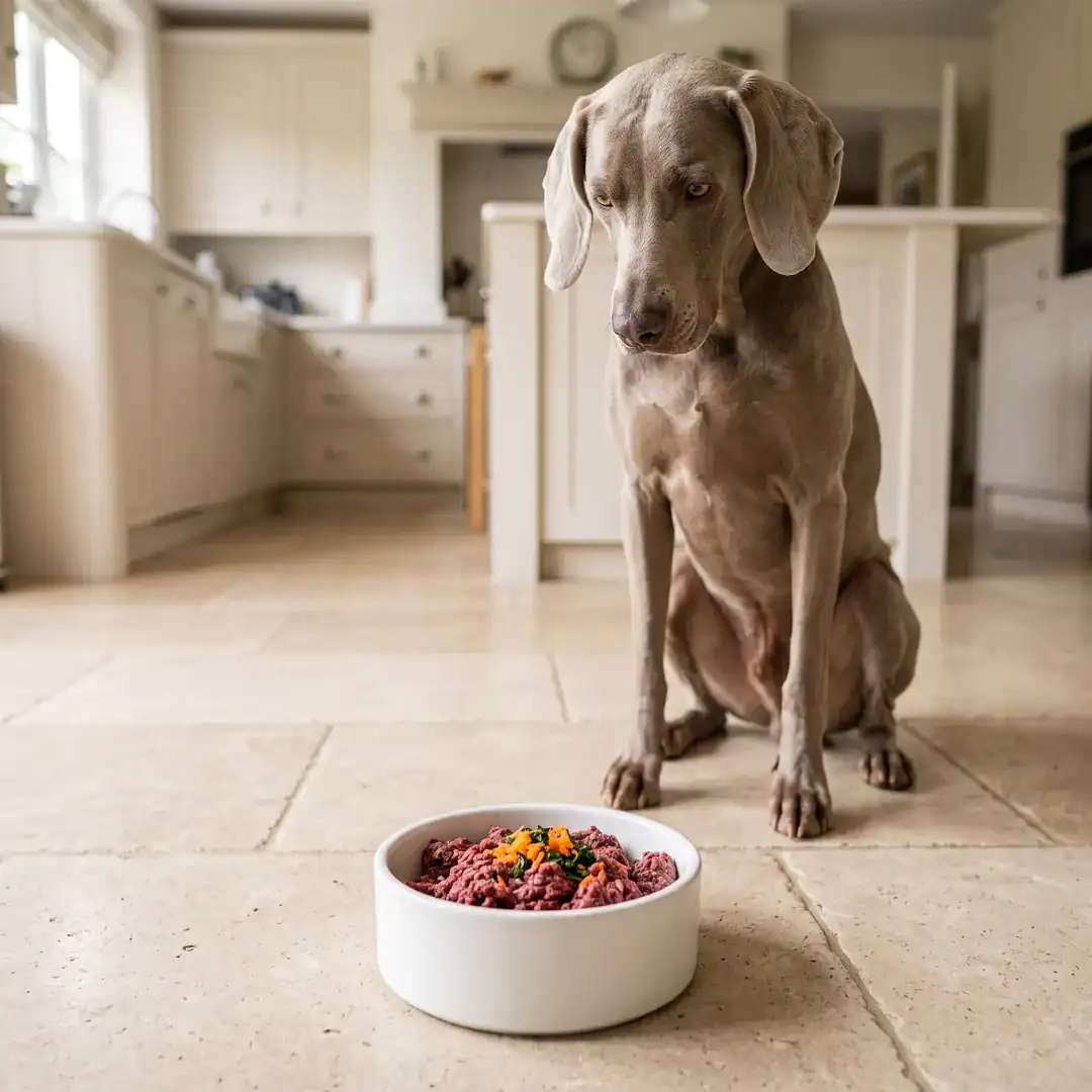 Weimaraner Waiting Beside A Bowl Of Fresh Raw Ostrich Mince With A Little Carrot And Spinach
