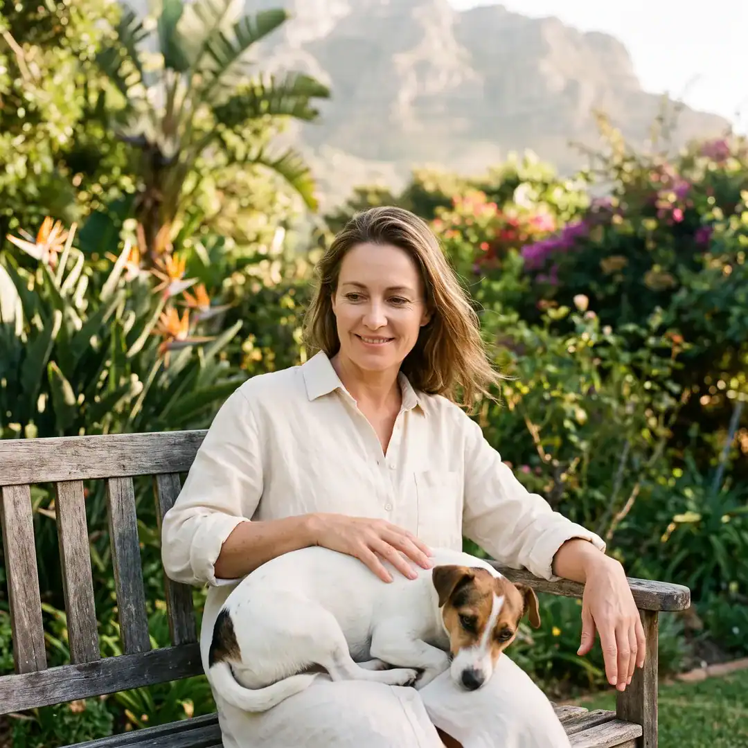 Woman On A Garden Bench In Cape Town With A Calm Jack Russell Terrier Curled On Her Lap