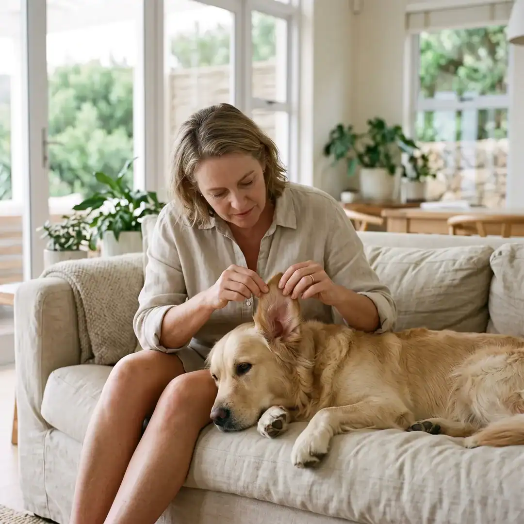 Pet Parent Gently Lifting A Golden Retriever'S Ear To Check For Yeast On The Inner Ear