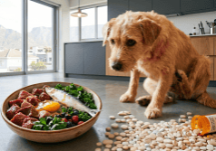 Itchy Terrier Scratching Its Flank In A Cape Town Kitchen, Looking At A Bowl Of Fresh Real Food Including Raw Meat, Sardine, Egg And Greens Beside A Spilled Bottle Of Prescription Medication And Scattered Pills