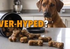 Dog Looking At A Tub Of Bone-Shaped Joint Chews With The Words “Over-Hyped?”, Highlighting The Problem With Convenient Joint Chews For Dogs.